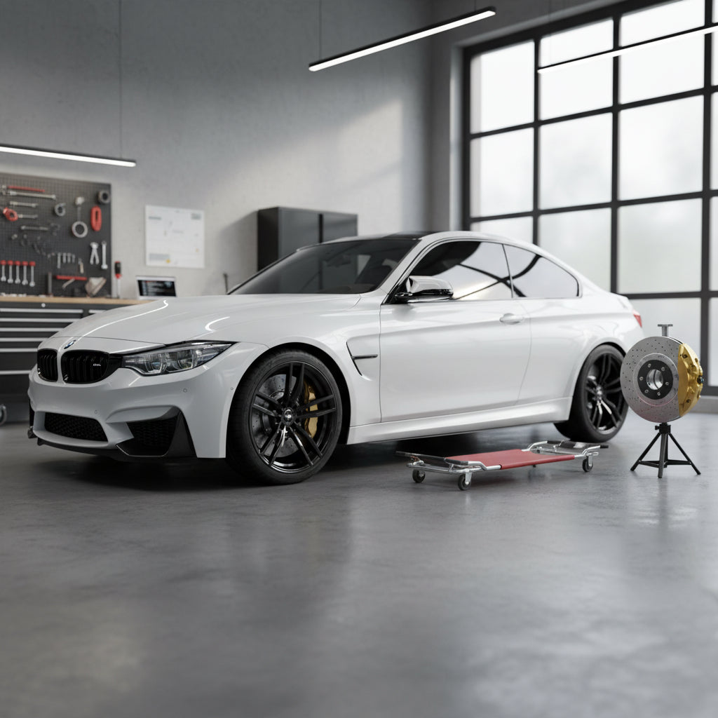 A close-up of the gold calipers and carbon ceramic brake rotors on a BMW F80 M3