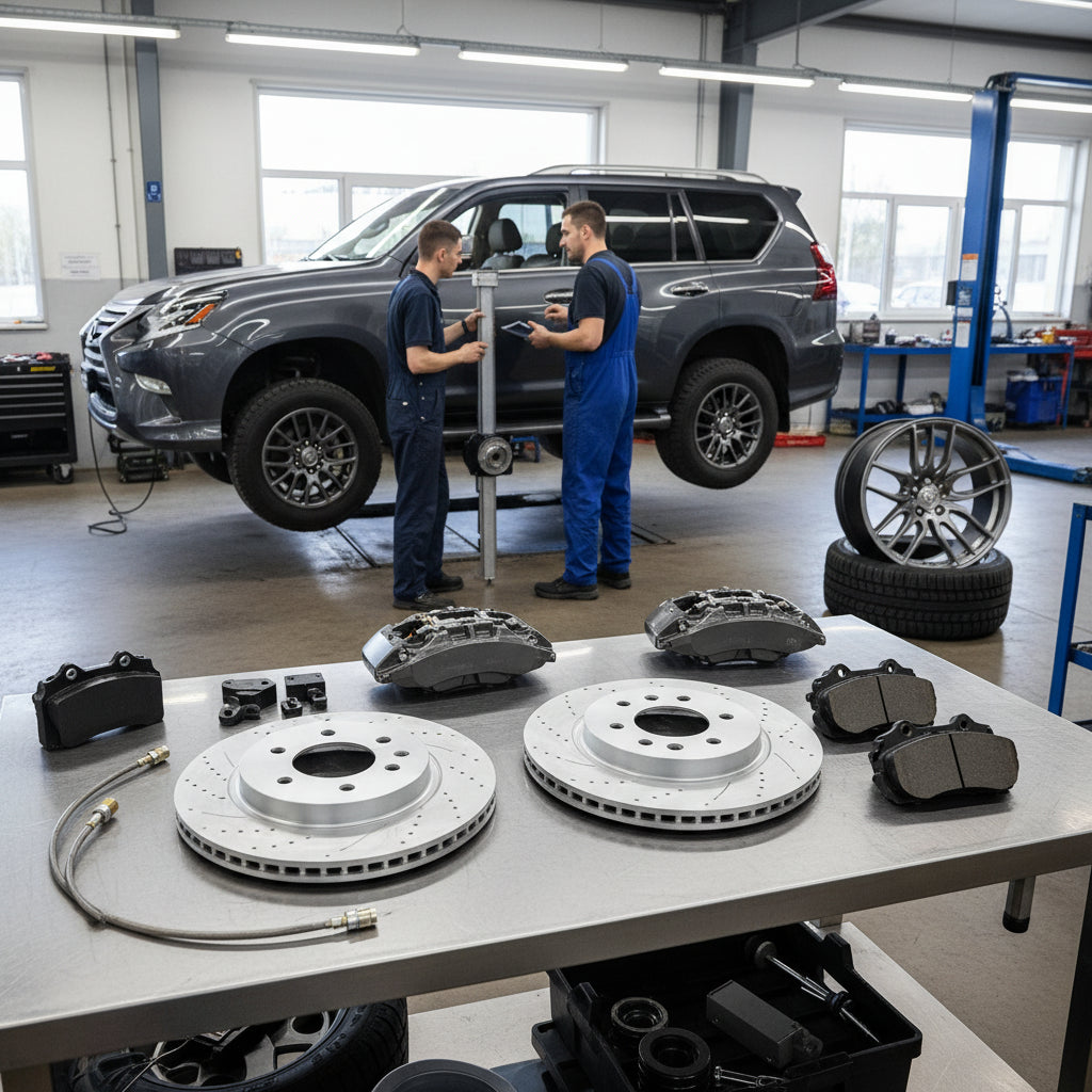 A high-performance Big Brake Kit featuring large rotors and multi-piston calipers installed on a luxury SUV