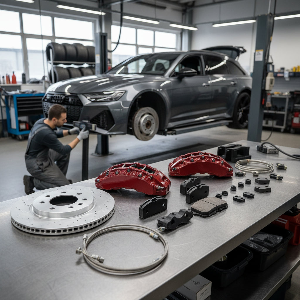 A high-performance Audi Big Brake Kit featuring carbon ceramic rotors and multi-piston calipers installed on a performance ve