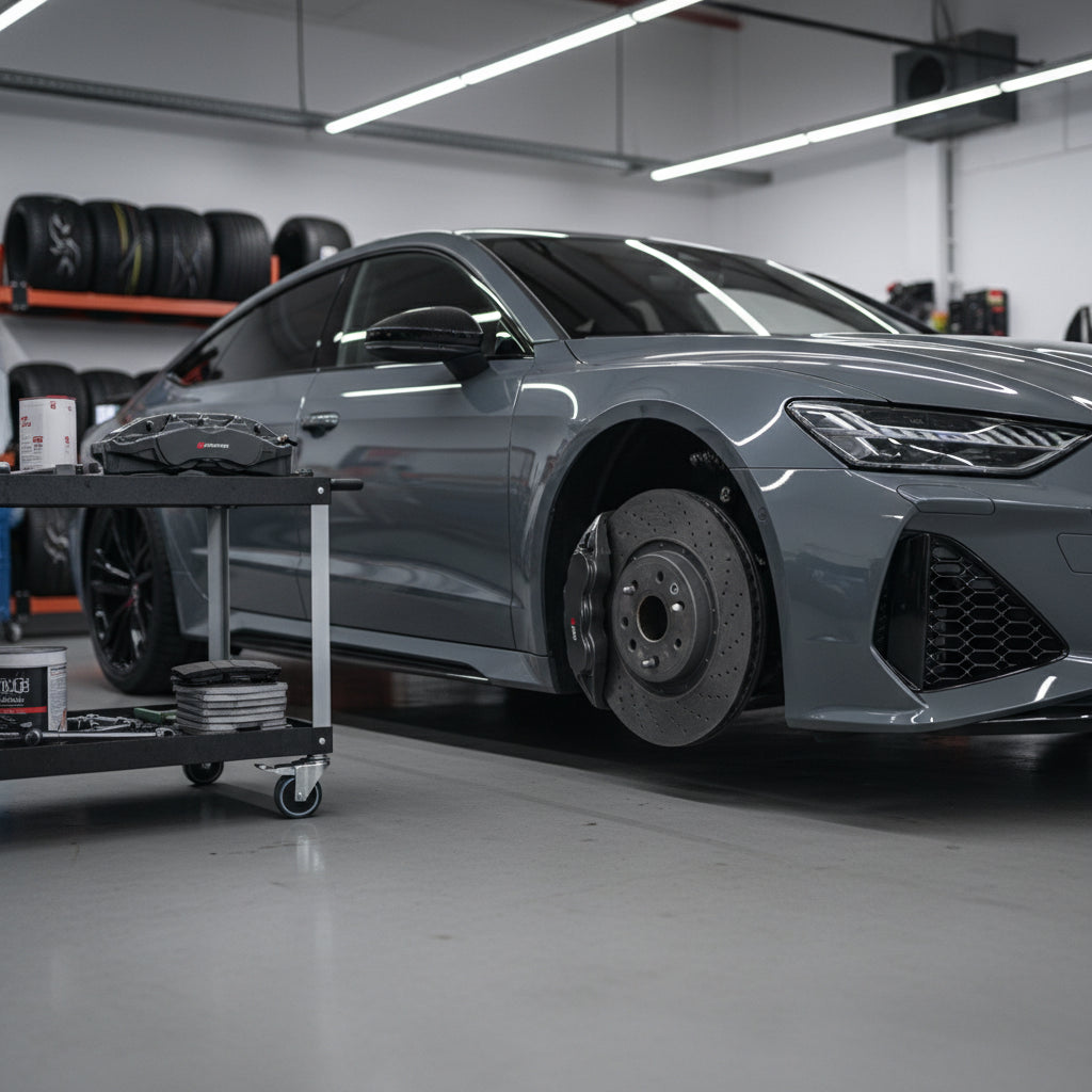 A close-up view of the 440mm front carbon ceramic brake assembly on an Audi RS6 C8 performance wagon