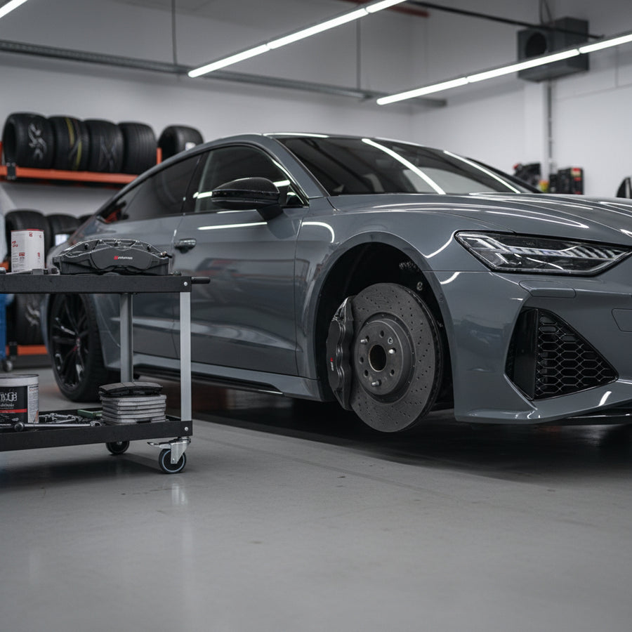 A close-up view of the 440mm front carbon ceramic brake assembly on an Audi RS6 C8 performance wagon