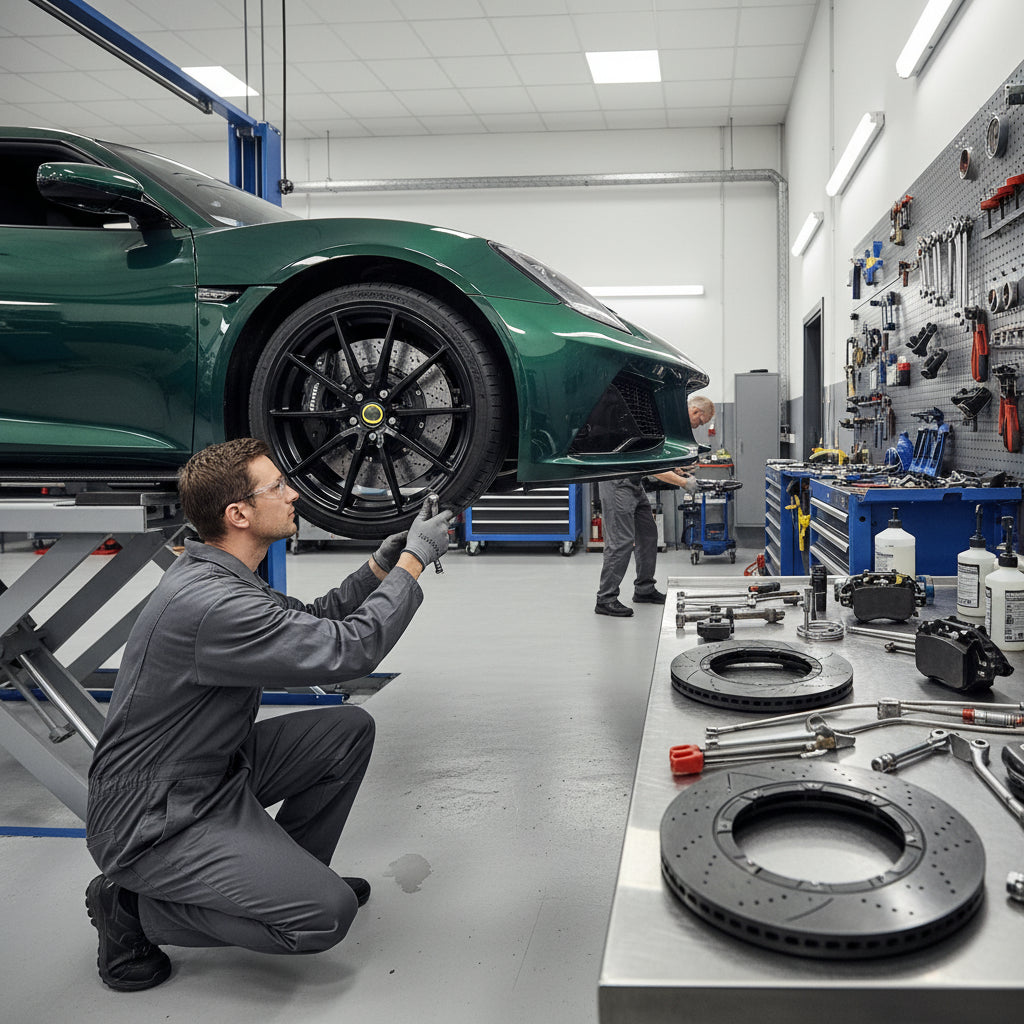 A high-performance Lotus brake assembly featuring carbon fiber rotors and stainless steel braided brake lines during a techni