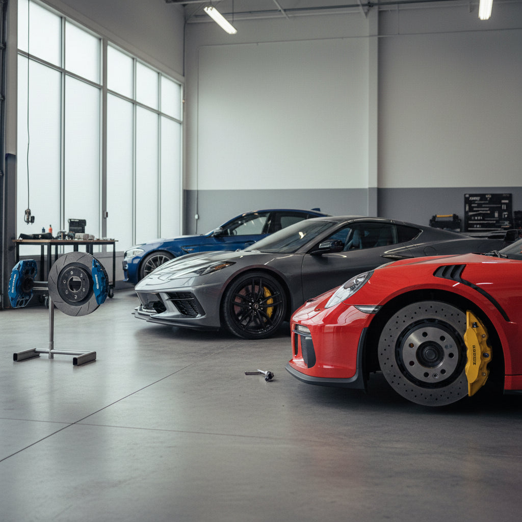 A close-up of a carbon ceramic brake rotor and multi-piston caliper on a high-performance sports car