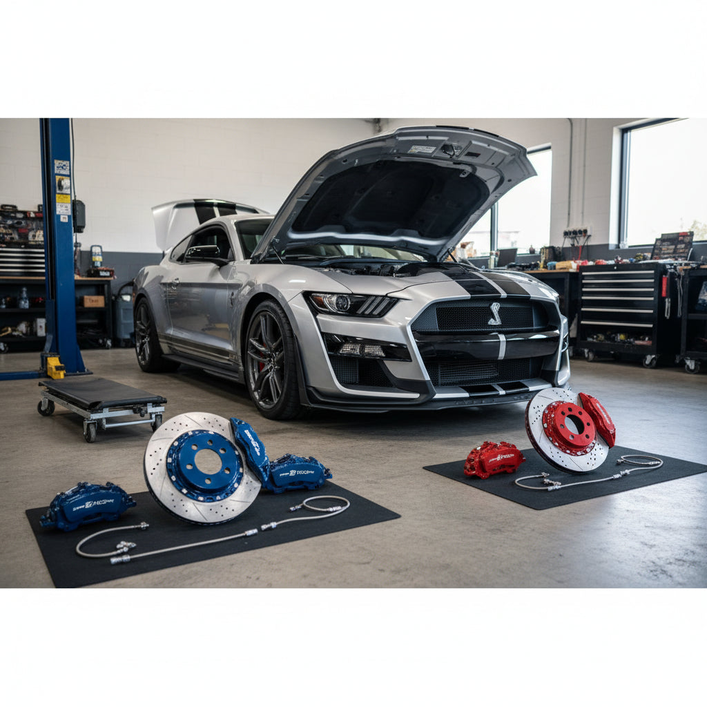 A close-up view of a high-performance braking system on a Ford Shelby GT500 featuring multi-piston calipers and ventilated ro
