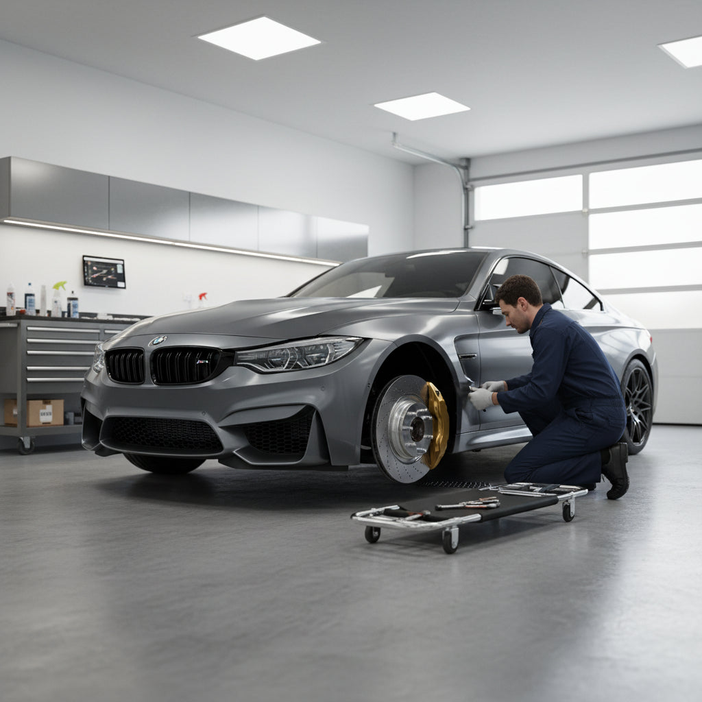 A close-up of the gold calipers and carbon ceramic rotors on a 2022 BMW M4 Competition xDrive during a low-speed turn