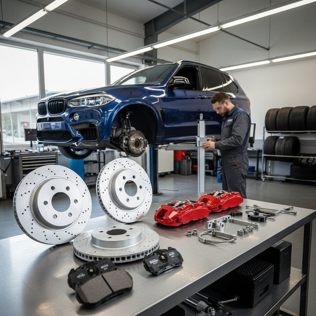 A high-performance BMW Big Brake Kit featuring carbon ceramic rotors and multi-piston calipers installed on an X6M