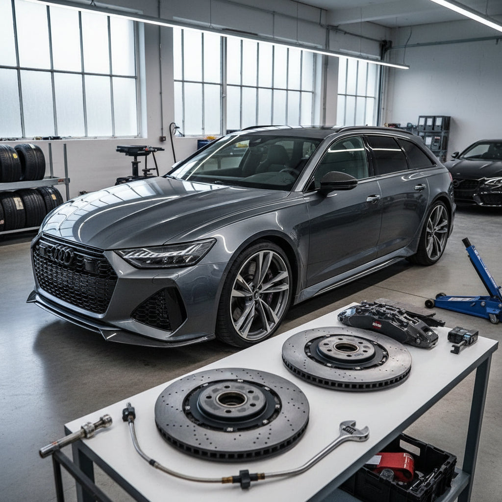 A close-up of the 10-piston front caliper and 440mm carbon ceramic rotor on an Audi RS6 C8