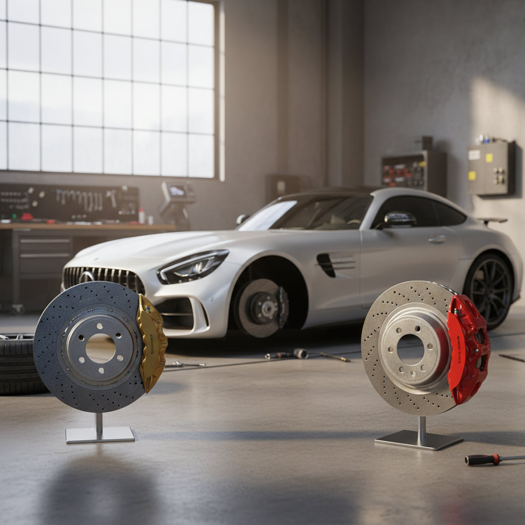 A Mercedes-AMG GT high-performance braking system featuring carbon ceramic rotors and signature gold calipers