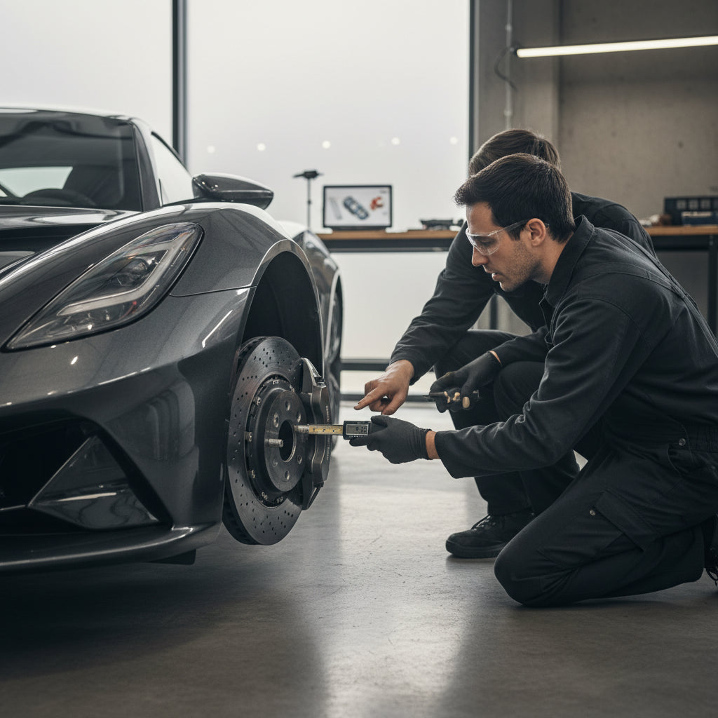 A close-up view of a Lotus Emira carbon ceramic brake rotor highlighting surface texture and wear indicators for inspection