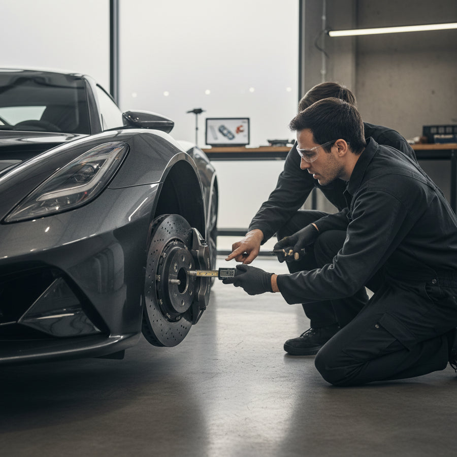 A close-up view of a Lotus Emira carbon ceramic brake rotor highlighting surface texture and wear indicators for inspection