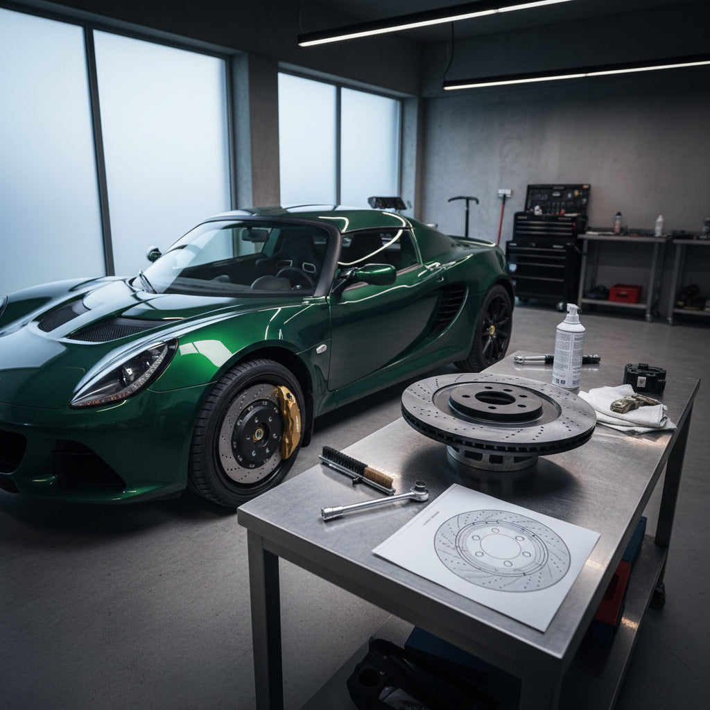 A high-performance Lotus Exige brake assembly featuring a Carbon Ceramic Matrix rotor and multi-piston caliper