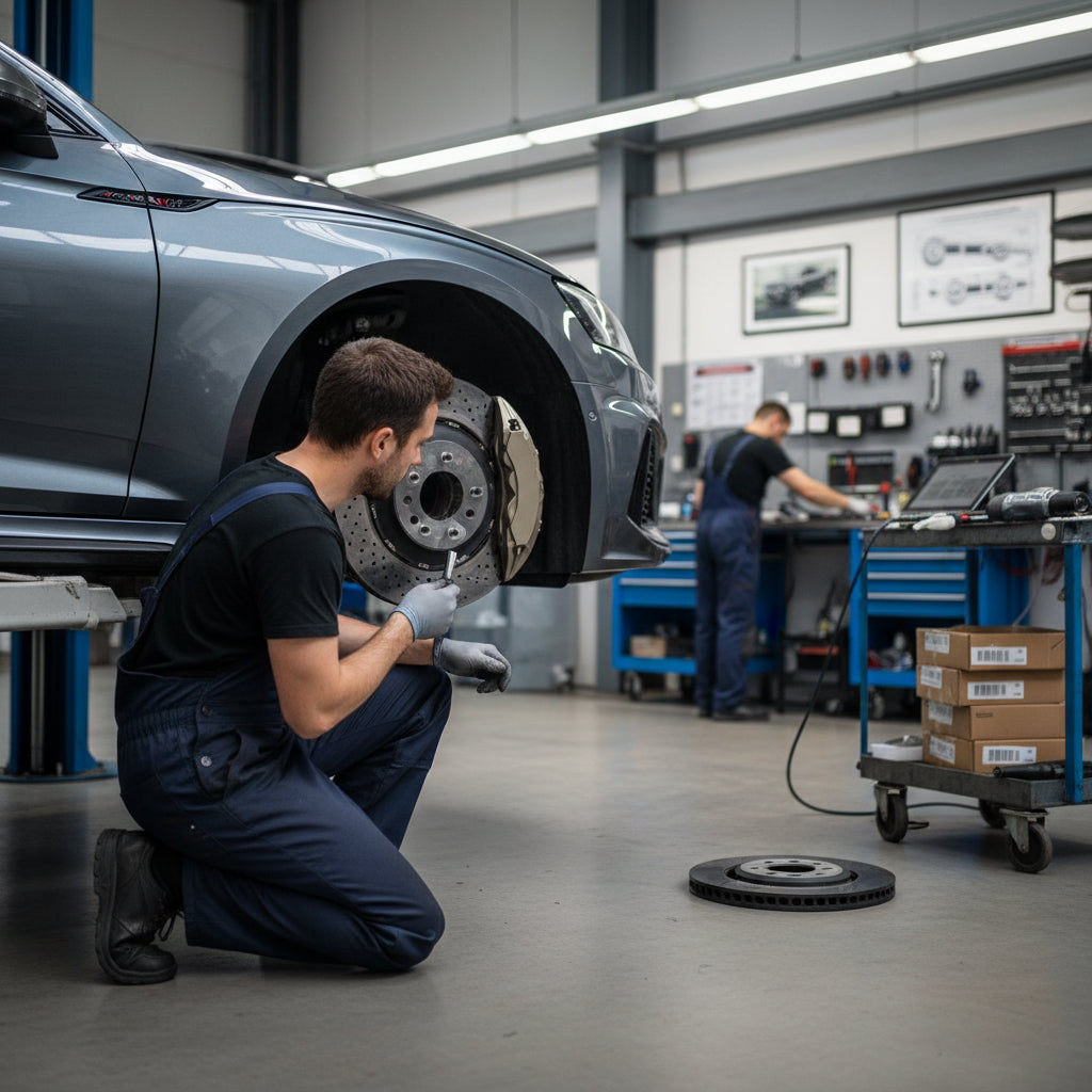 A high-performance Audi RS5 (B9) carbon ceramic brake rotor assembly with a multi-piston caliper