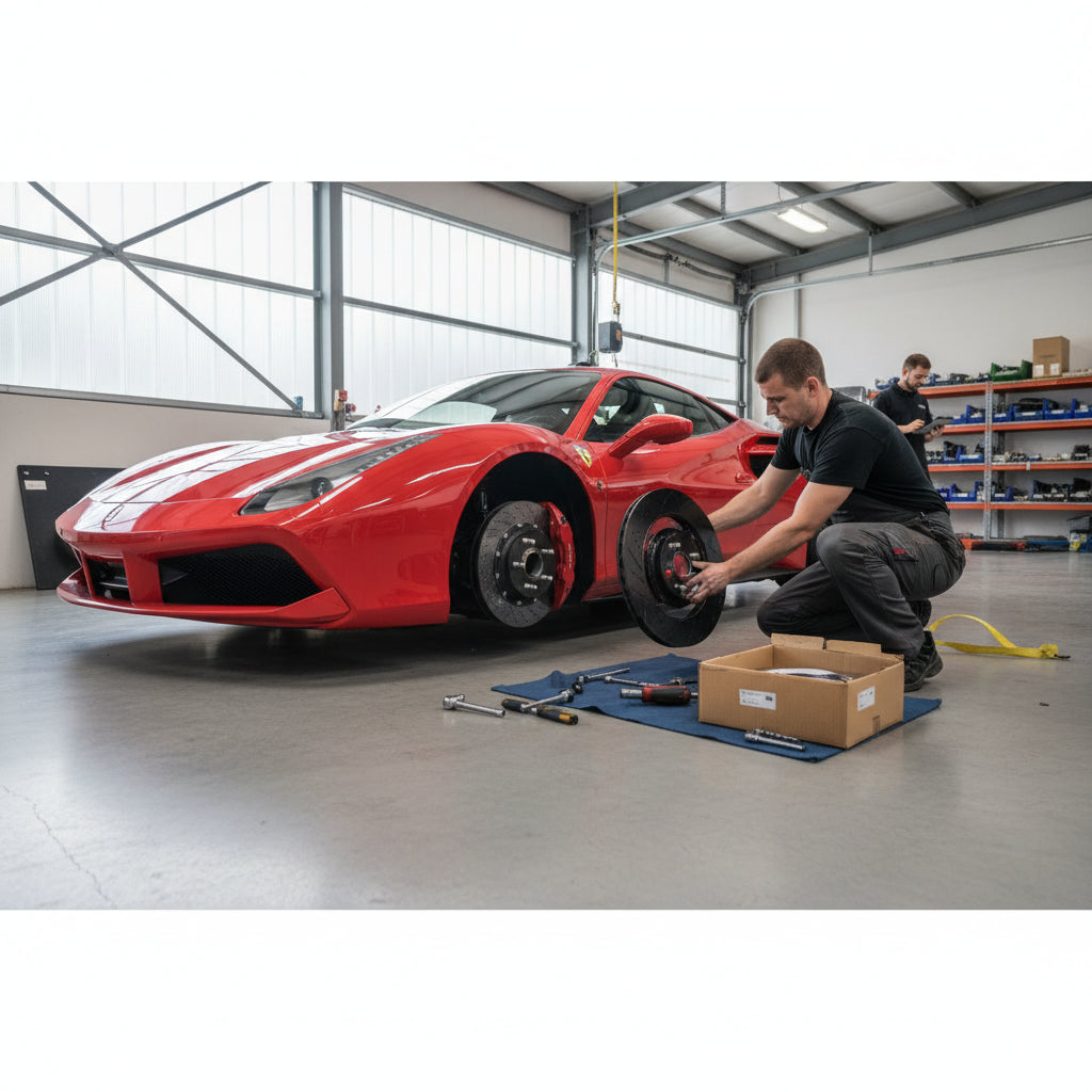 A close-up view of a Ferrari 488 GTB wheel hub with the carbon ceramic brake rotor and caliper exposed for maintenance