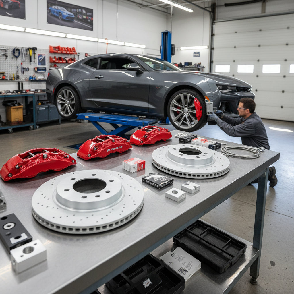 A high-performance Big Brake Kit featuring carbon ceramic rotors and multi-piston calipers for a Chevrolet vehicle