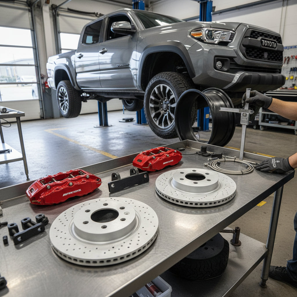 A high-performance Toyota Big Brake Kit featuring multi-piston calipers and oversized carbon ceramic rotors for a Supra