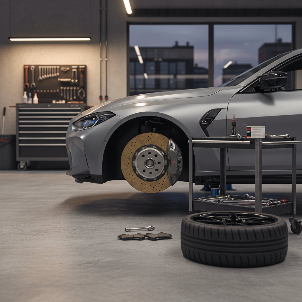 A 2022 BMW M4 Competition xDrive wheel assembly showing high-performance brake calipers and ceramic brake components