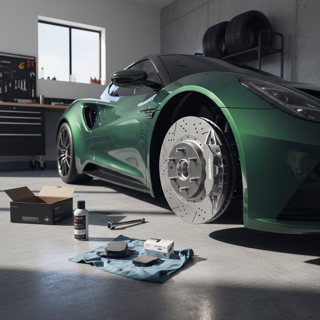 A close-up view of performance brake calipers and rotors installed on a Lotus Emira sports car
