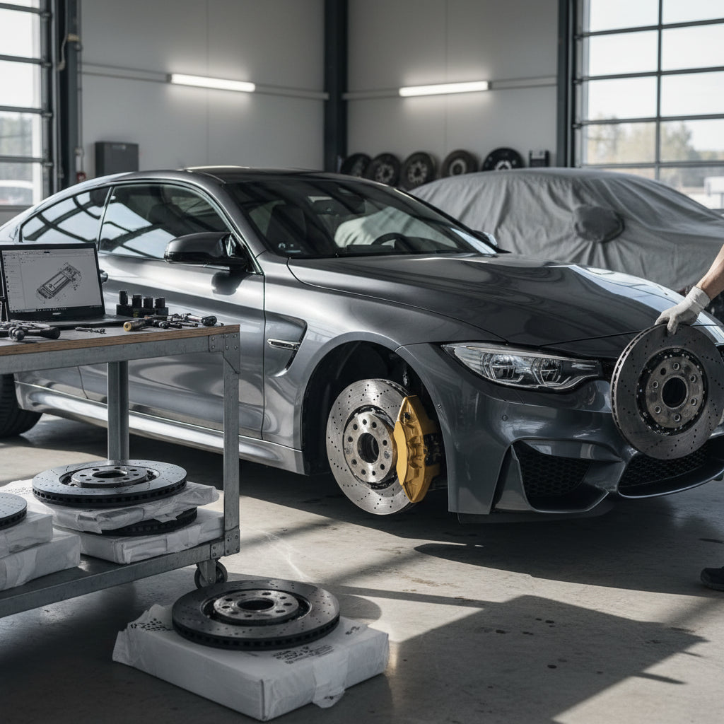 A close-up of a BMW M Carbon Ceramic Brake gold caliper and rotor assembly on a BMW M4 G82