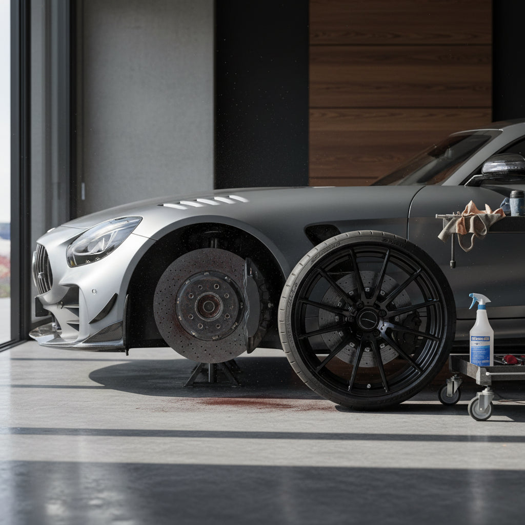 A Mercedes AMG performance wheel featuring a carbon ceramic brake rotor and a signature gold brake caliper