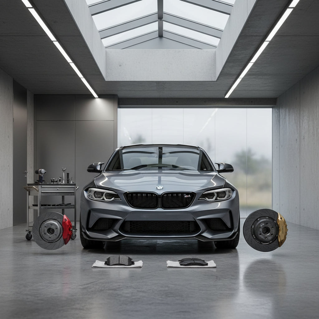 A close-up of a BMW M2 Competition wheel showing the silver M Sport brake caliper and large steel cross-drilled rotor