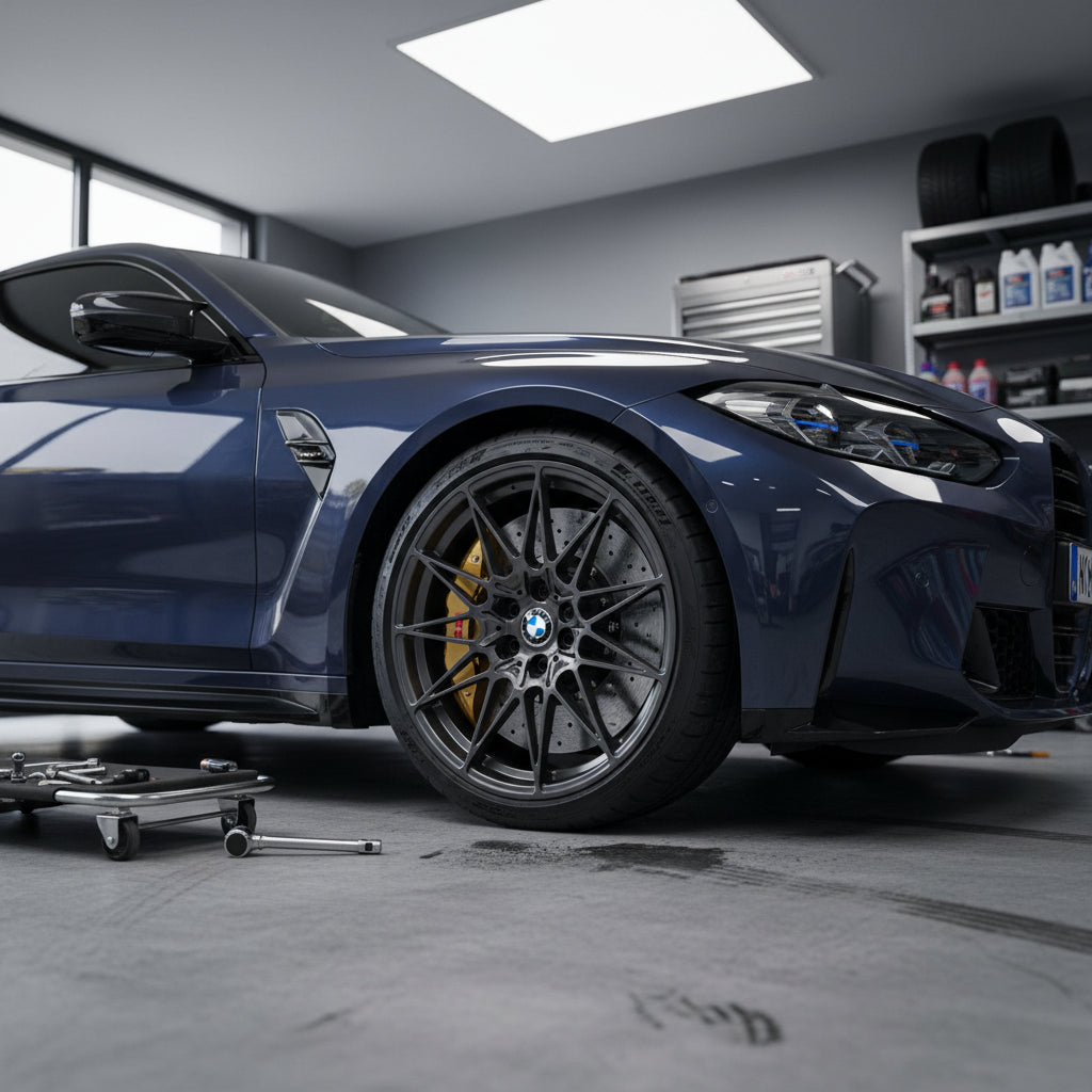A detailed view of the gold calipers and 400mm carbon ceramic rotors on a BMW G80 M3