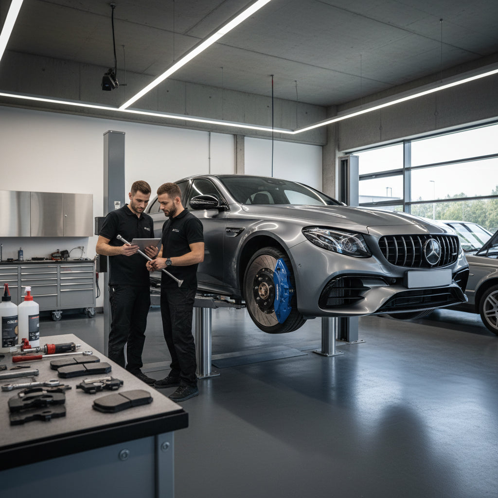 A Mercedes-AMG E63S W213 front brake assembly featuring large carbon ceramic rotors and gold calipers