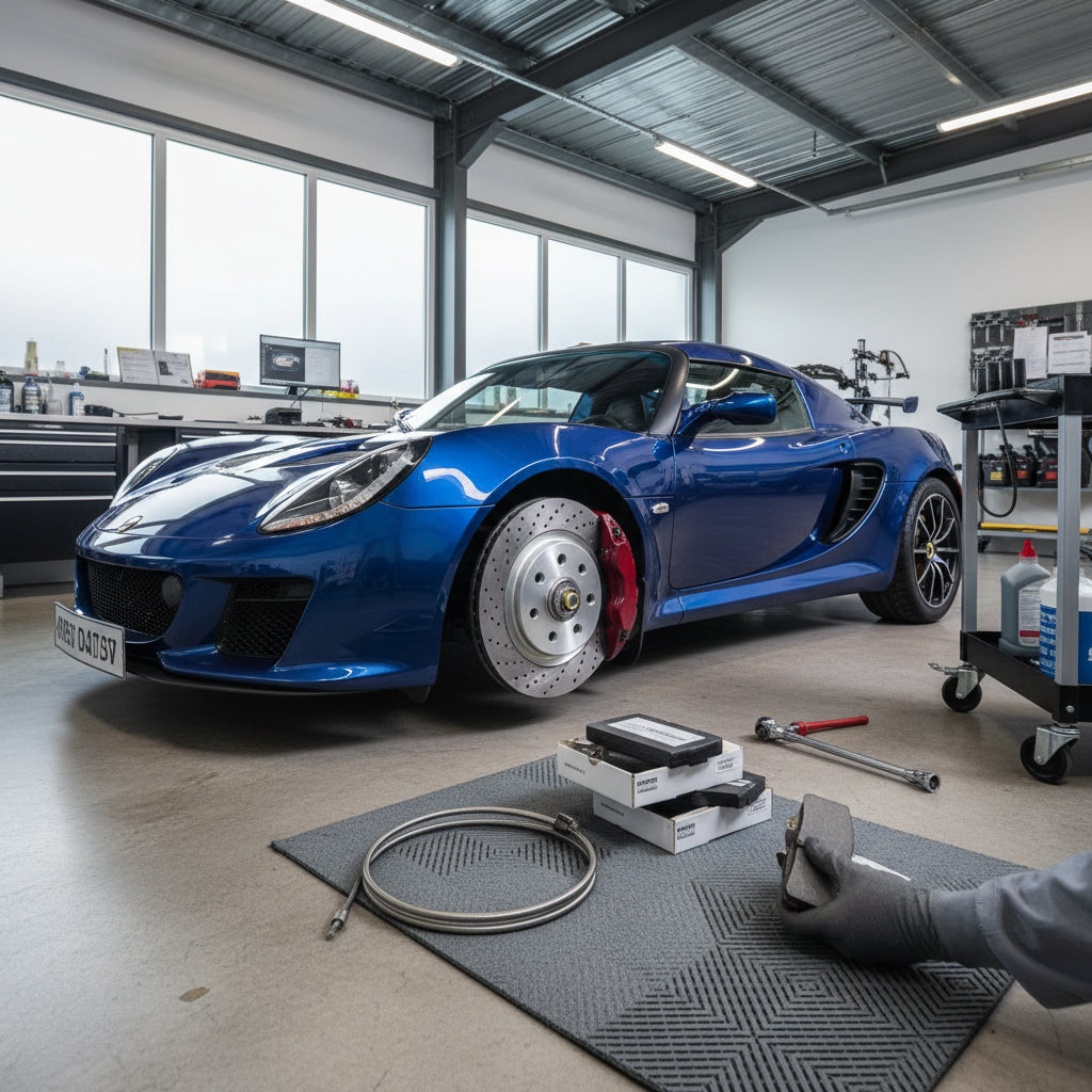 A high-performance Lotus Exige V6 featuring upgraded aftermarket brake rotors and calipers for track use