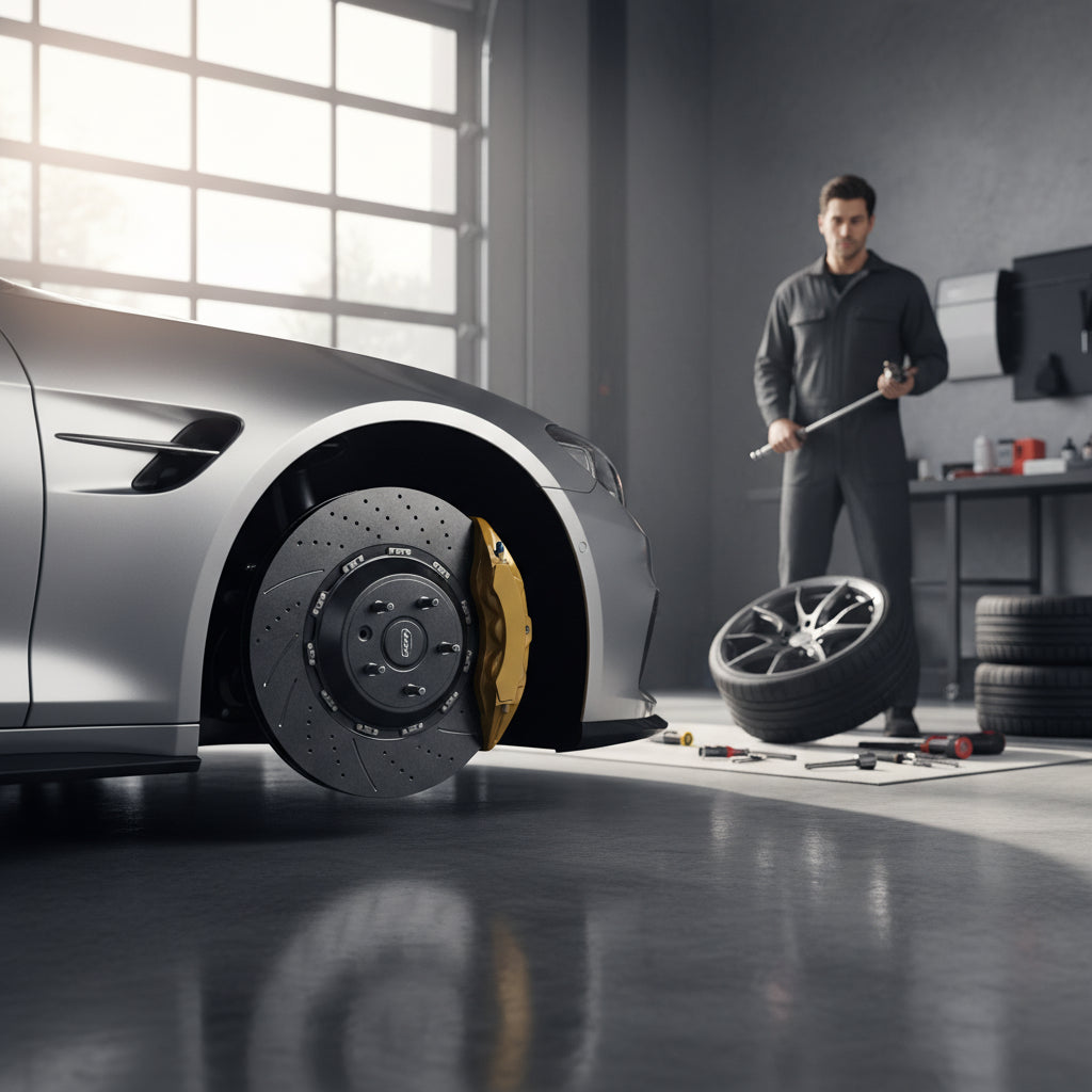 A close-up view of a Porsche 911 wheel showing the signature yellow calipers and carbon ceramic brake disc of the PCCB system