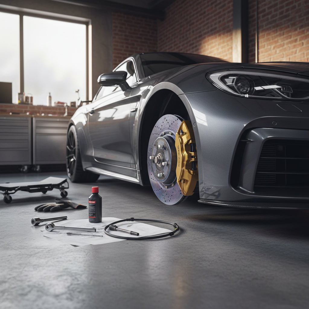 A close-up of the gold M-division calipers and carbon ceramic brake rotors on a BMW F82 M4 performance coupe