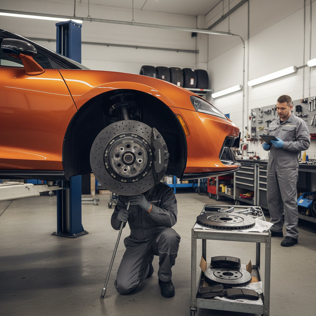 A close-up view of the carbon ceramic brake assembly on a McLaren GT during a professional rotor replacement procedure
