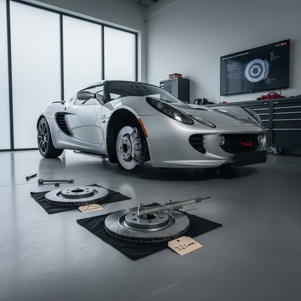 A close-up of a Lotus Exige AP Racing brake caliper and rotor assembly for size identification