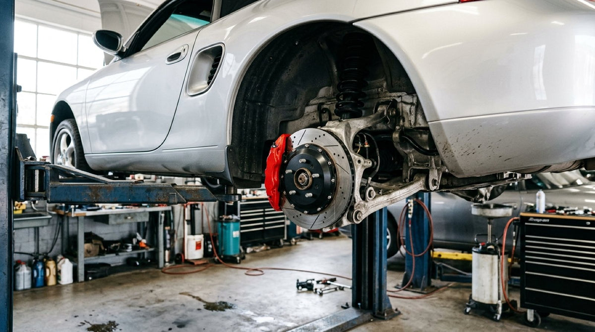 Close up of rear wheel hub assembly on a Porsche Big Brake Kit installation in a workshop