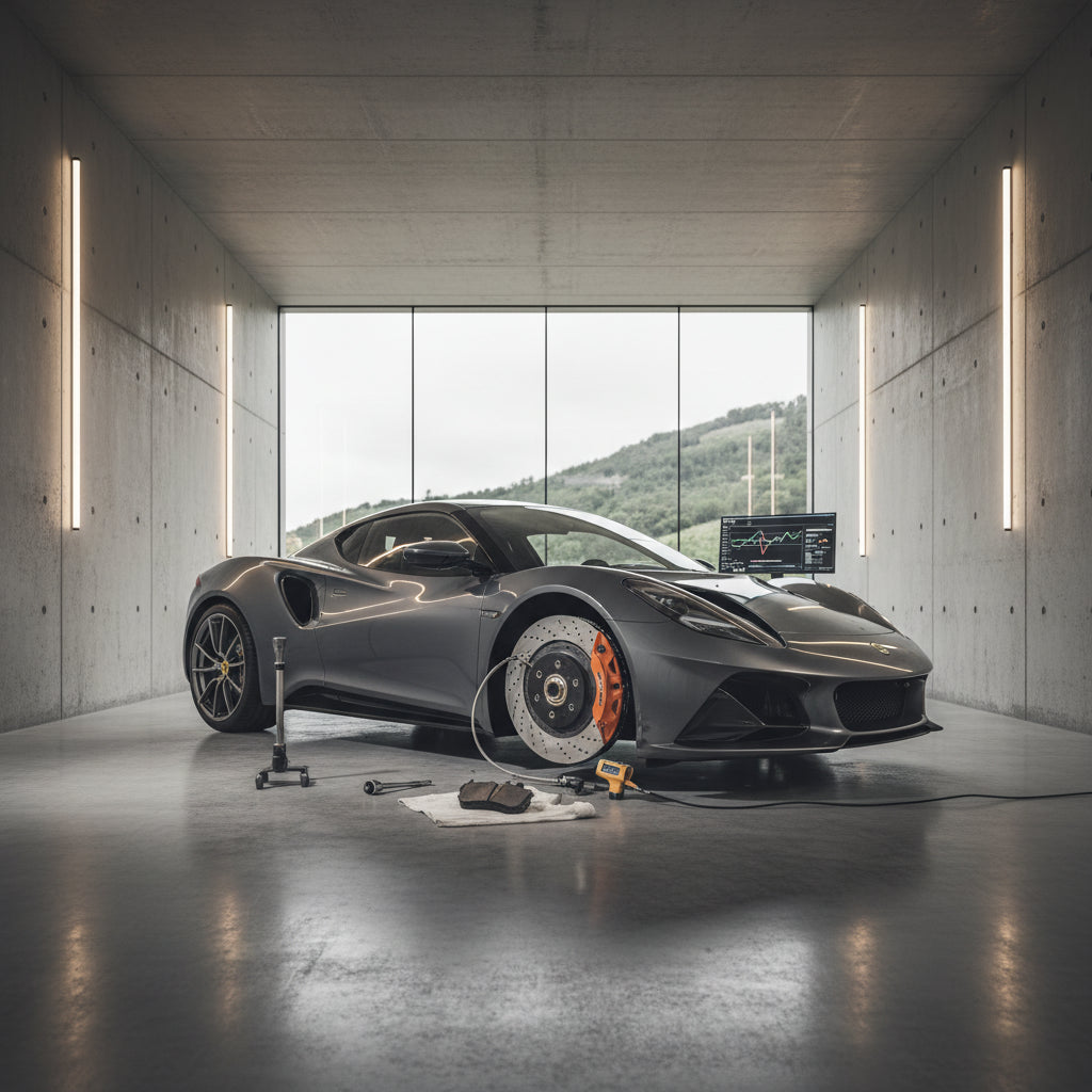 A Lotus Emira equipped with carbon ceramic brake rotors undergoing high-speed testing on a race track