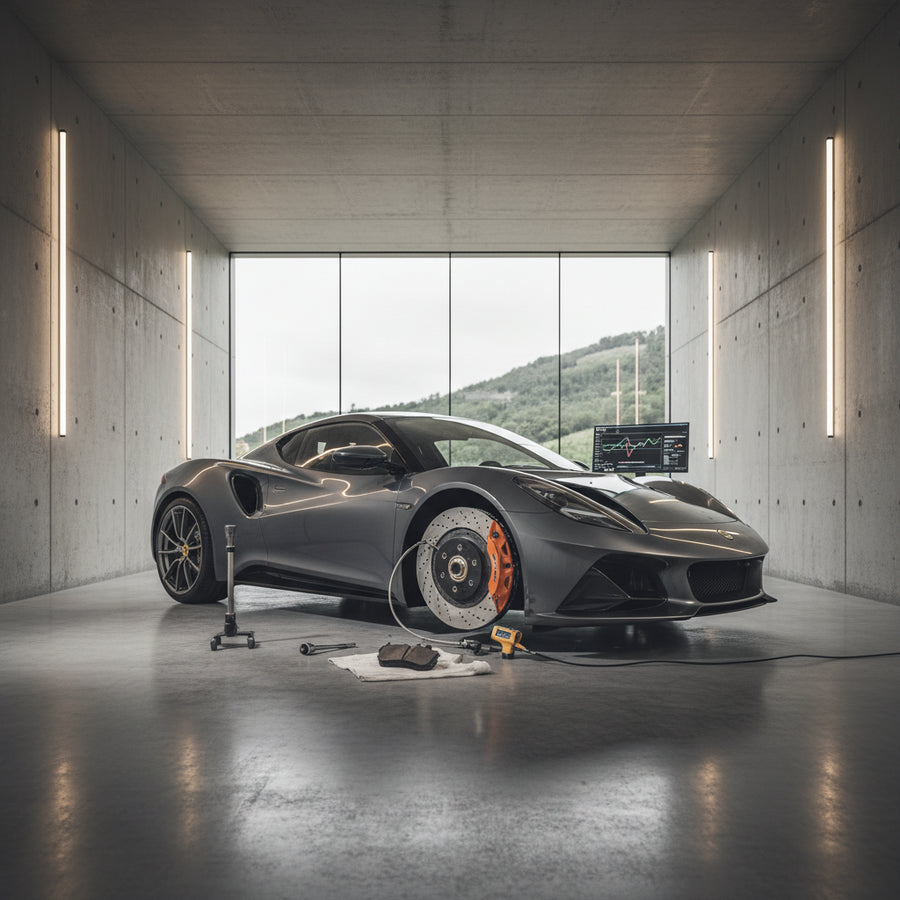 A Lotus Emira equipped with carbon ceramic brake rotors undergoing high-speed testing on a race track