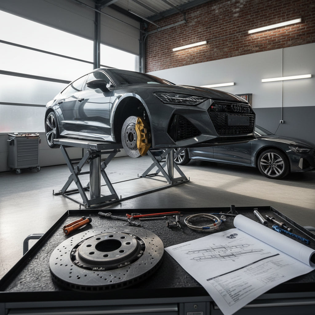 A close-up view of the Audi RS6 C8 front carbon ceramic brake system showing the 440mm rotor and 10-piston caliper
