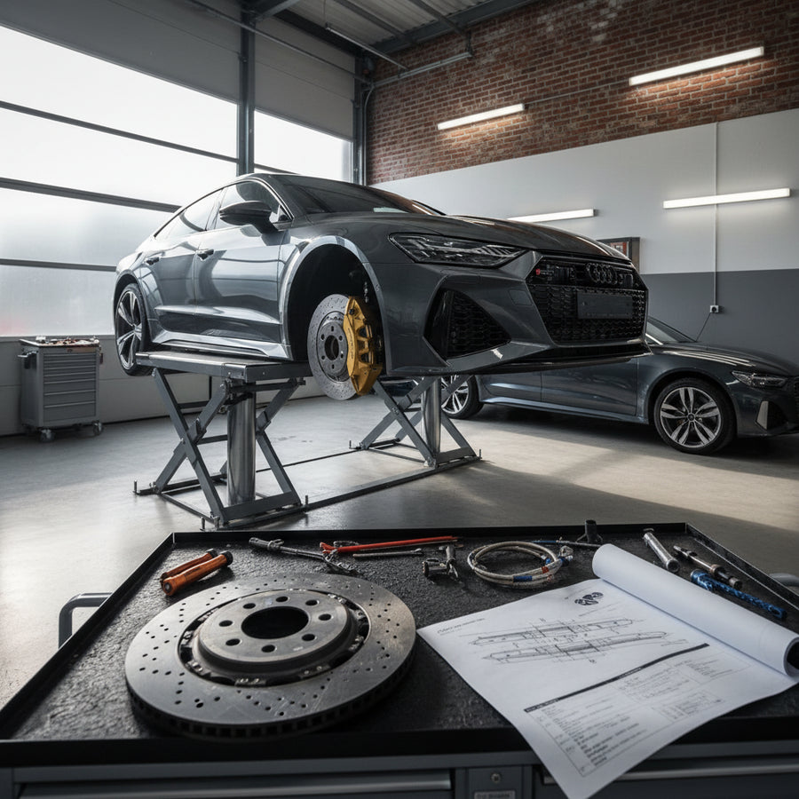 A close-up view of the Audi RS6 C8 front carbon ceramic brake system showing the 440mm rotor and 10-piston caliper