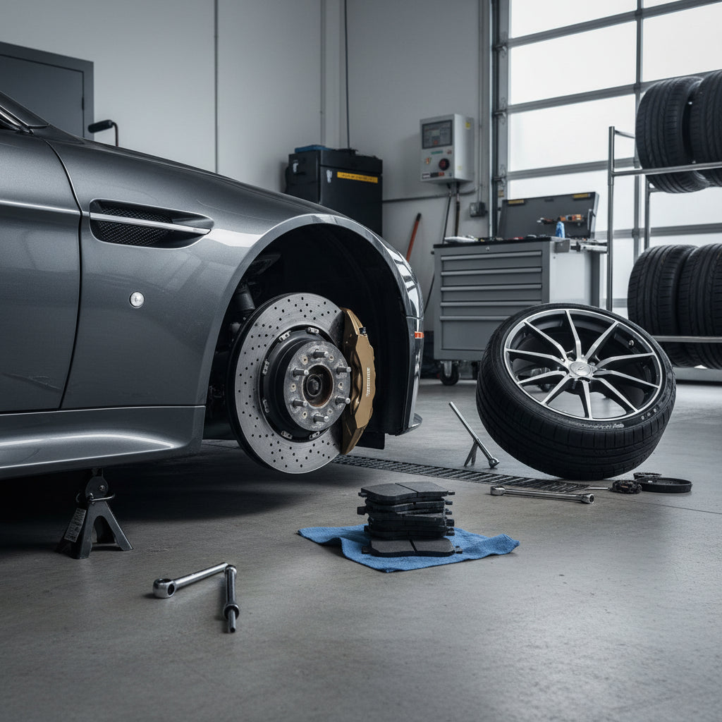 A detail view of a high-performance brake system and wheel assembly on an Aston Martin V8 Vantage