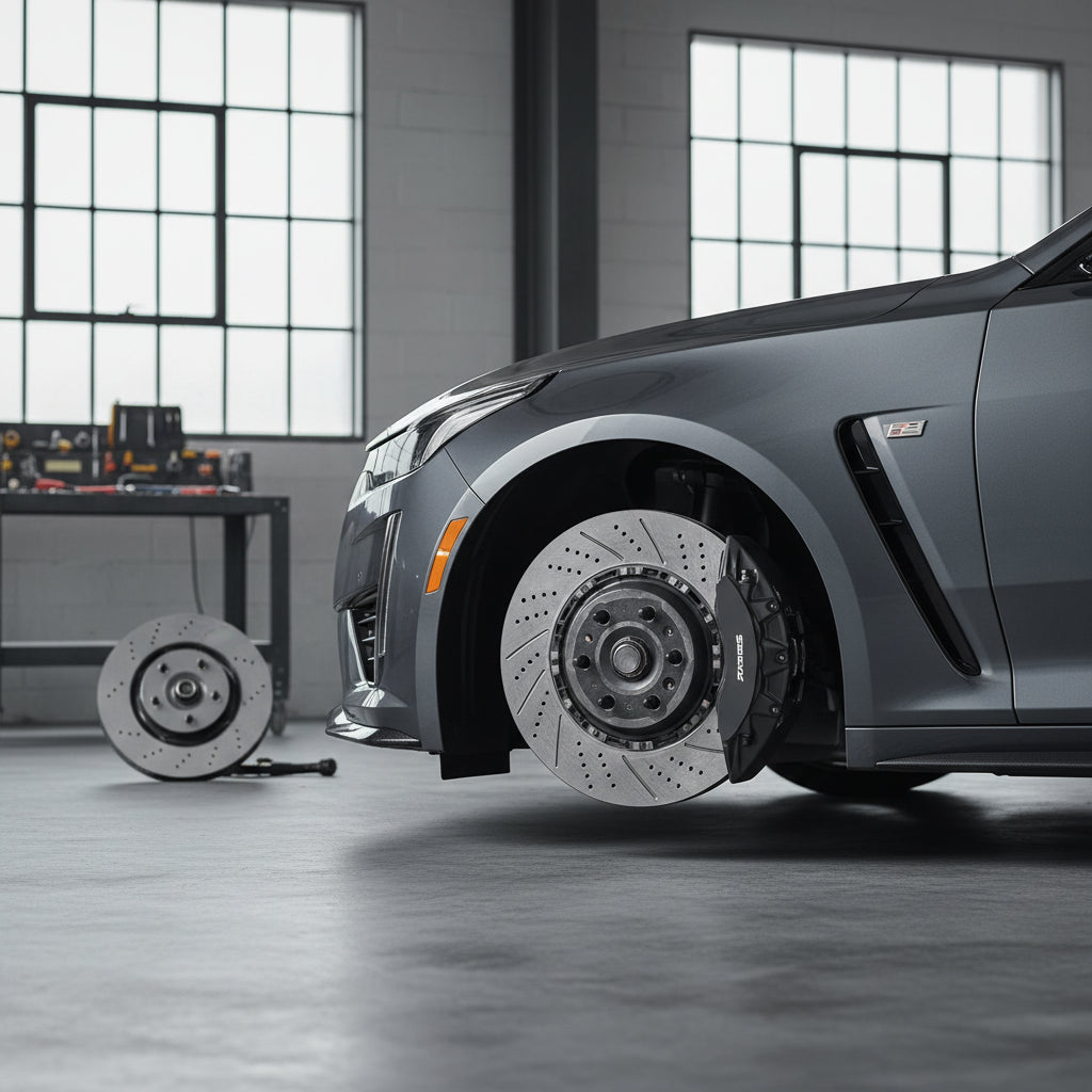 A detailed view of the Brembo carbon ceramic brake system installed on a Cadillac CT5-V Blackwing wheel