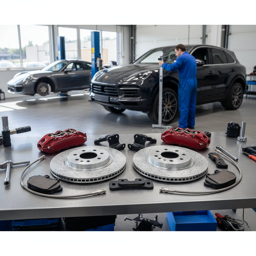 A high-performance Porsche Big Brake Kit featuring large calipers and carbon ceramic rotors installed on a 911