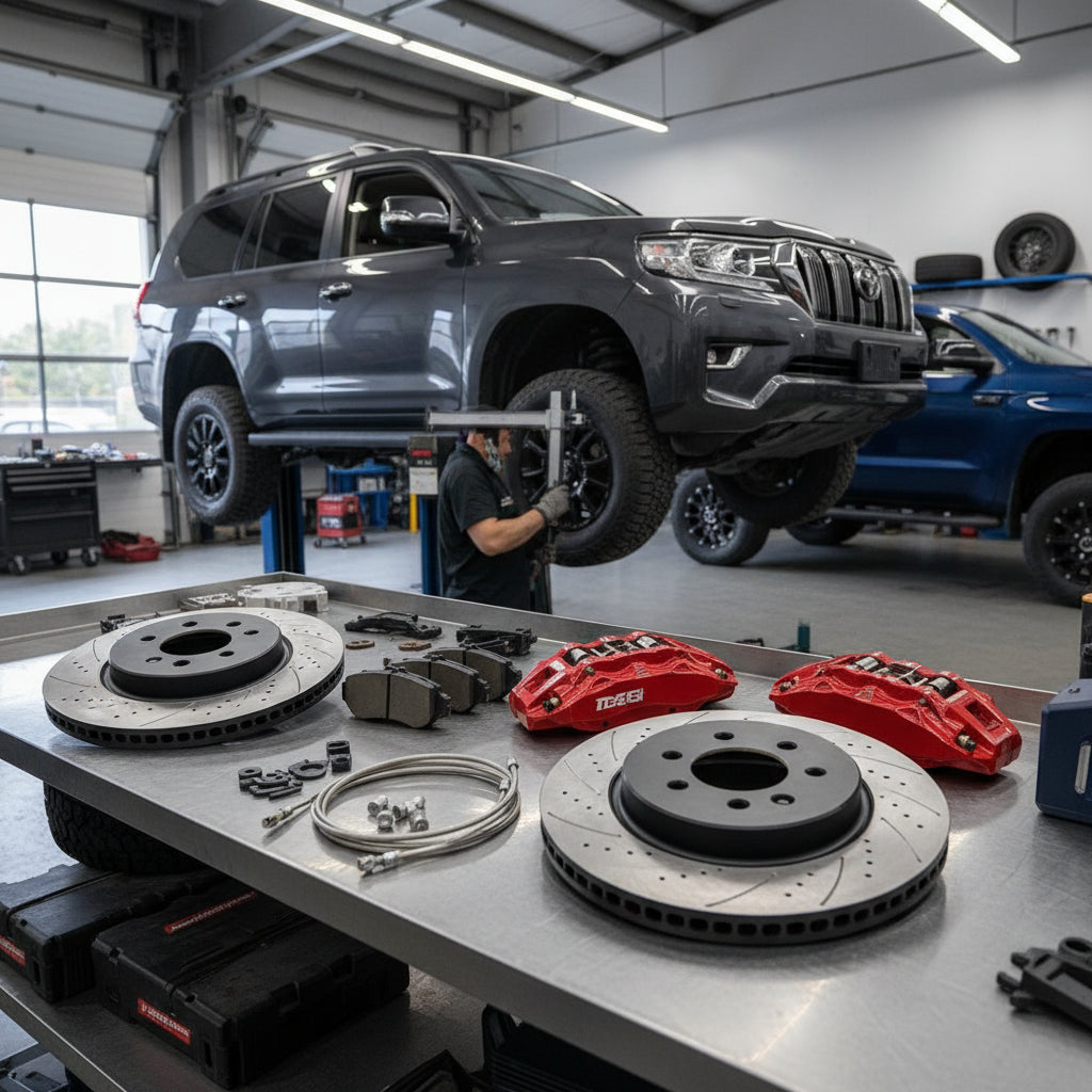 A high-performance Toyota Big Brake Kit installed on a Tundra featuring multi-piston calipers and oversized carbon ceramic ro
