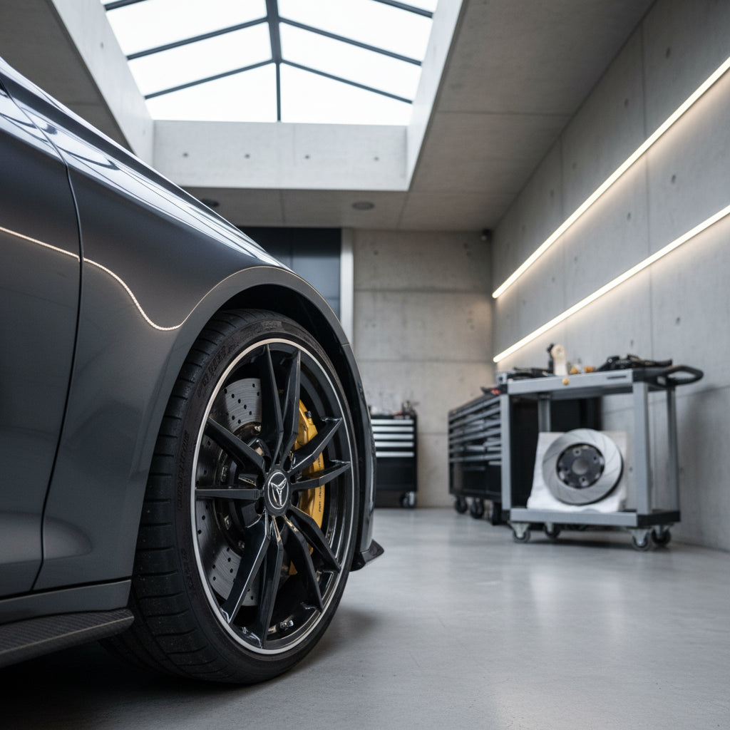 A close-up of a Mercedes-AMG carbon ceramic brake rotor featuring the signature bronze-painted multi-piston caliper