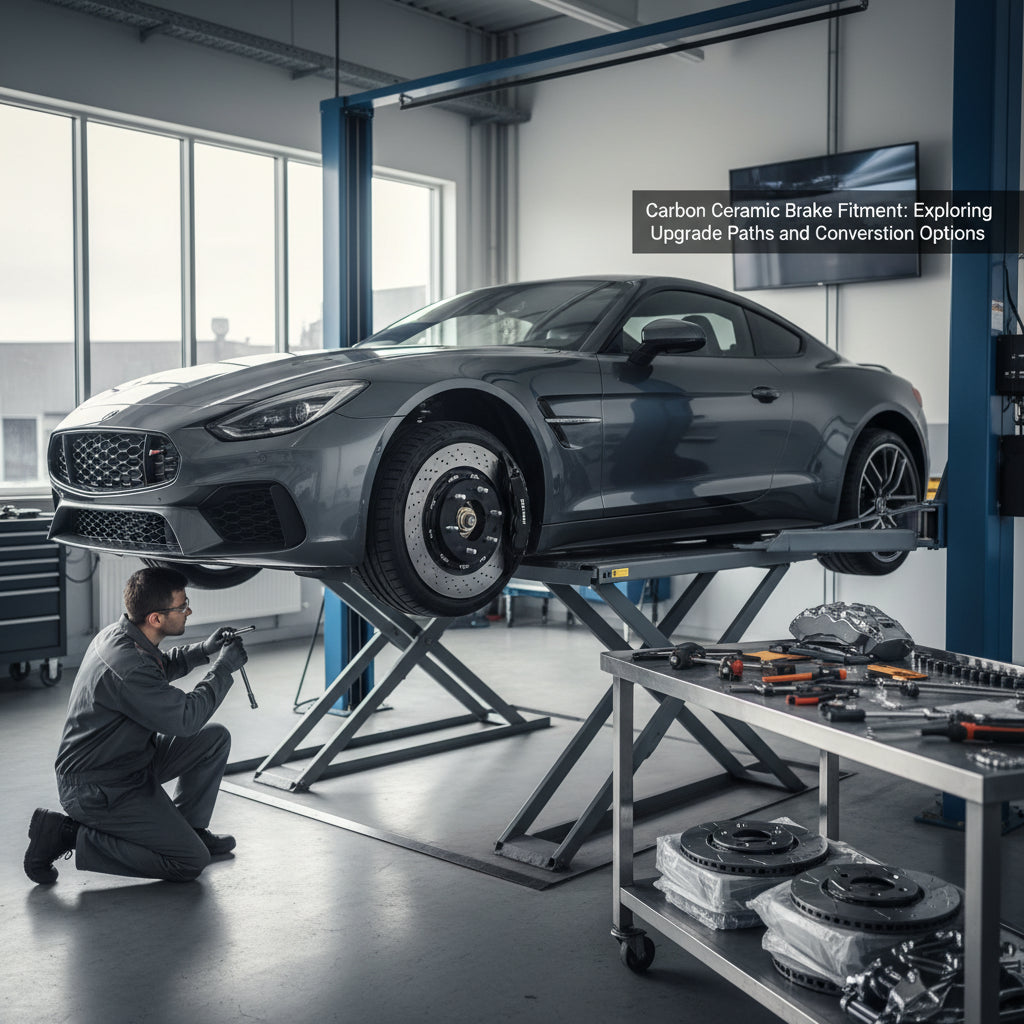 A high-performance carbon ceramic brake rotor and multi-piston caliper assembly showing precise wheel hub fitment
