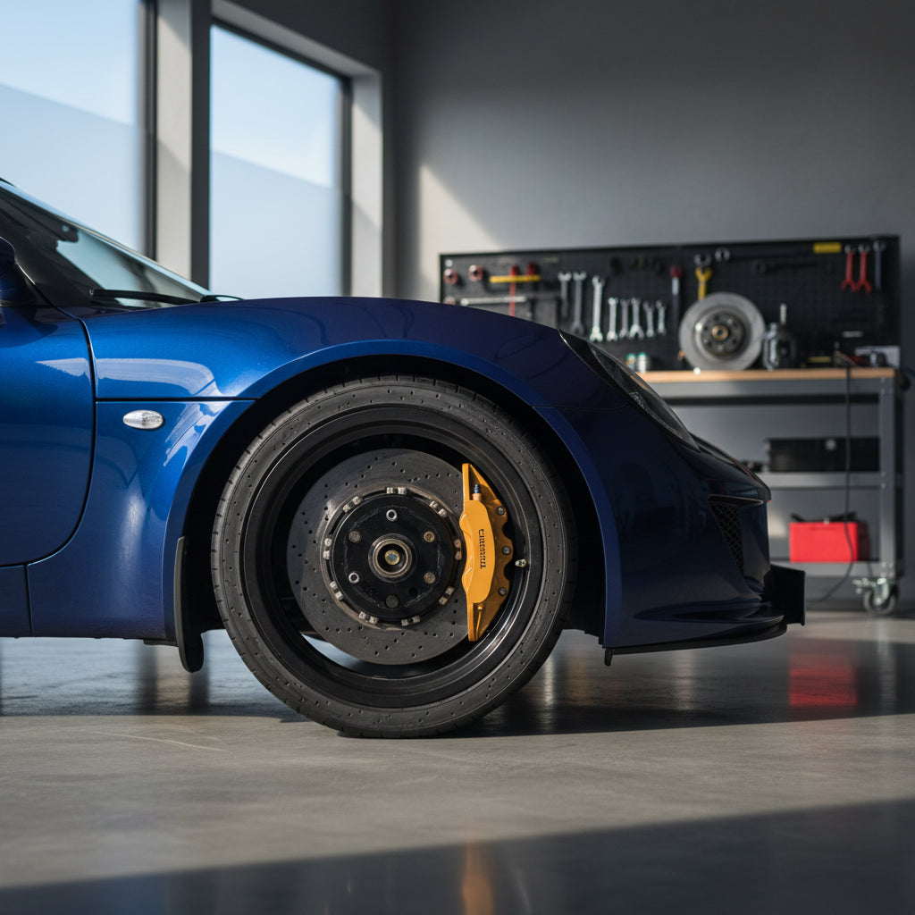 A Lotus Exige showing high-performance brake components through its lightweight alloy wheels