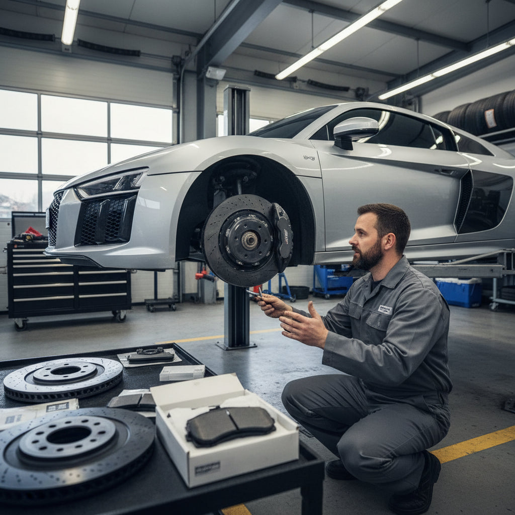 Close-up view of an Audi R8 carbon ceramic brake rotor and caliper assembly showing drilled surface details
