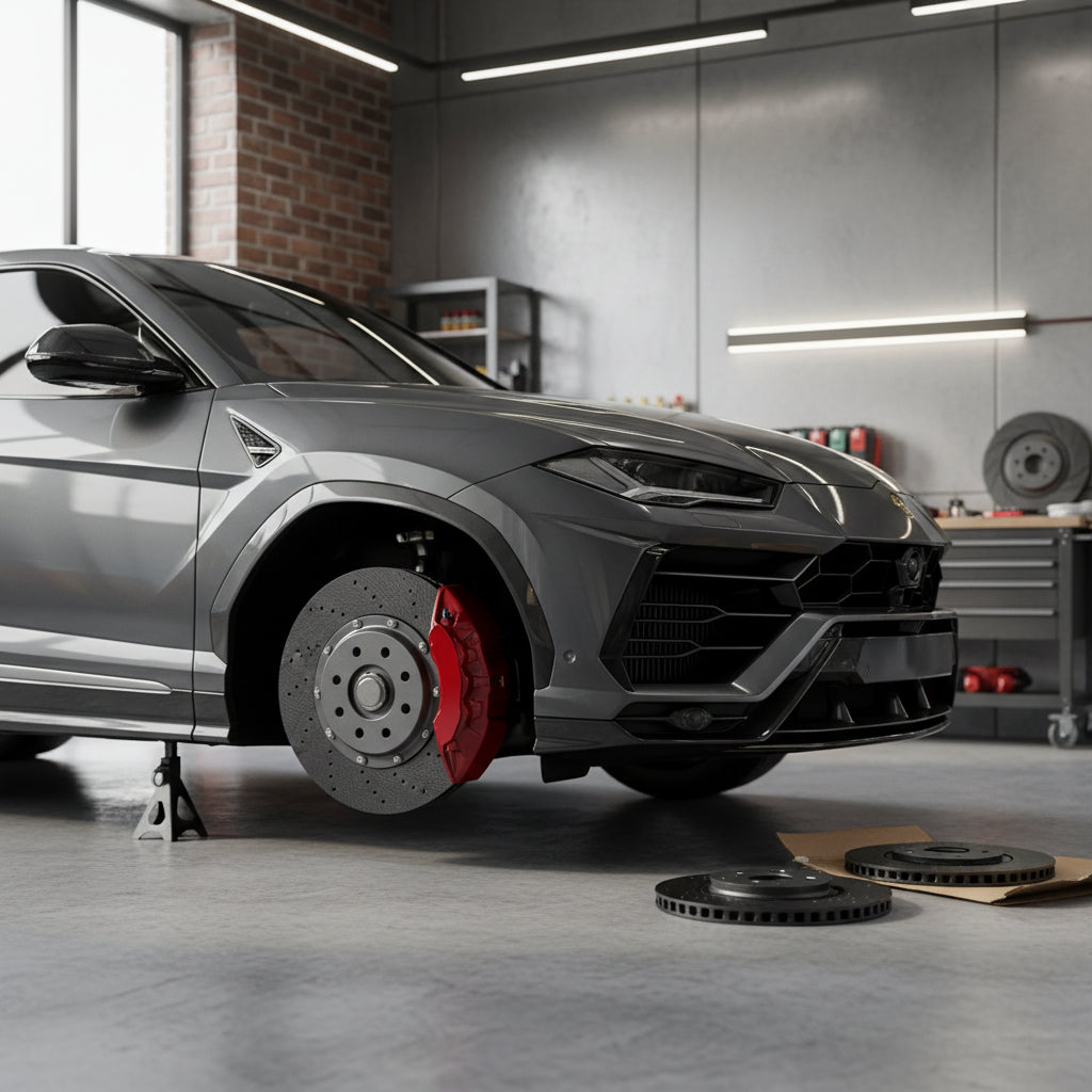 High-performance aftermarket carbon ceramic brake rotor for a Lamborghini Urus SUV showing the cross-drilled ventilation patt