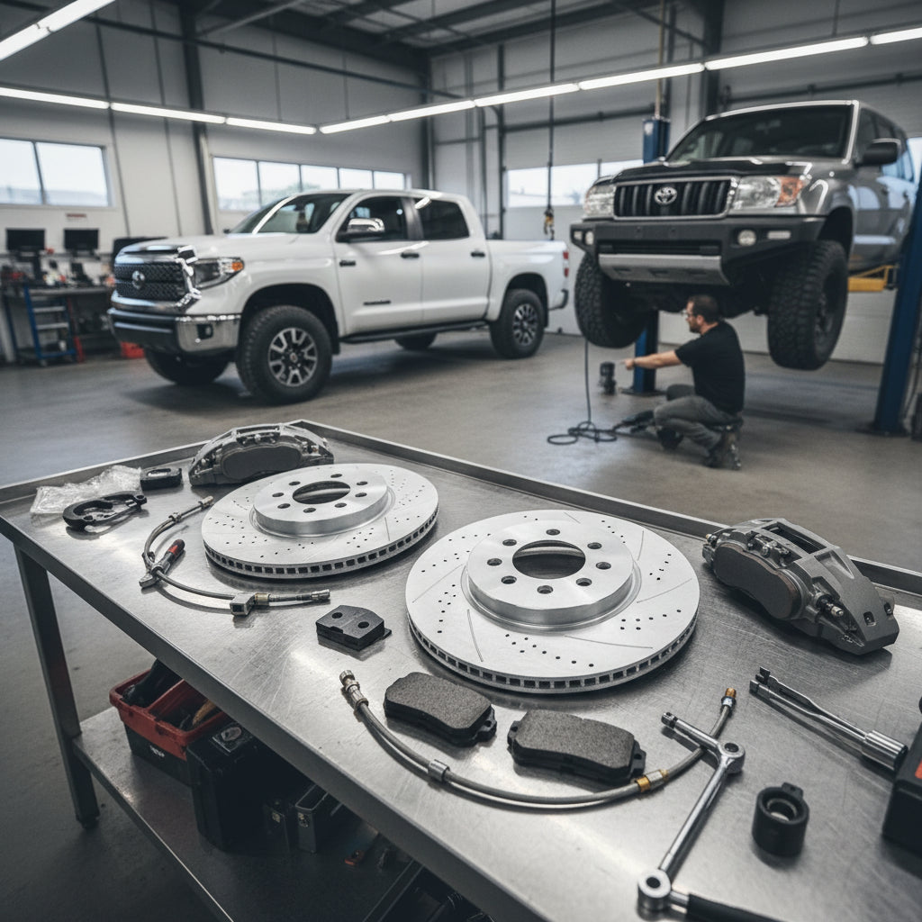 A high-performance Toyota Big Brake Kit featuring large rotors and multi-piston calipers installed on a Tundra for enhanced t
