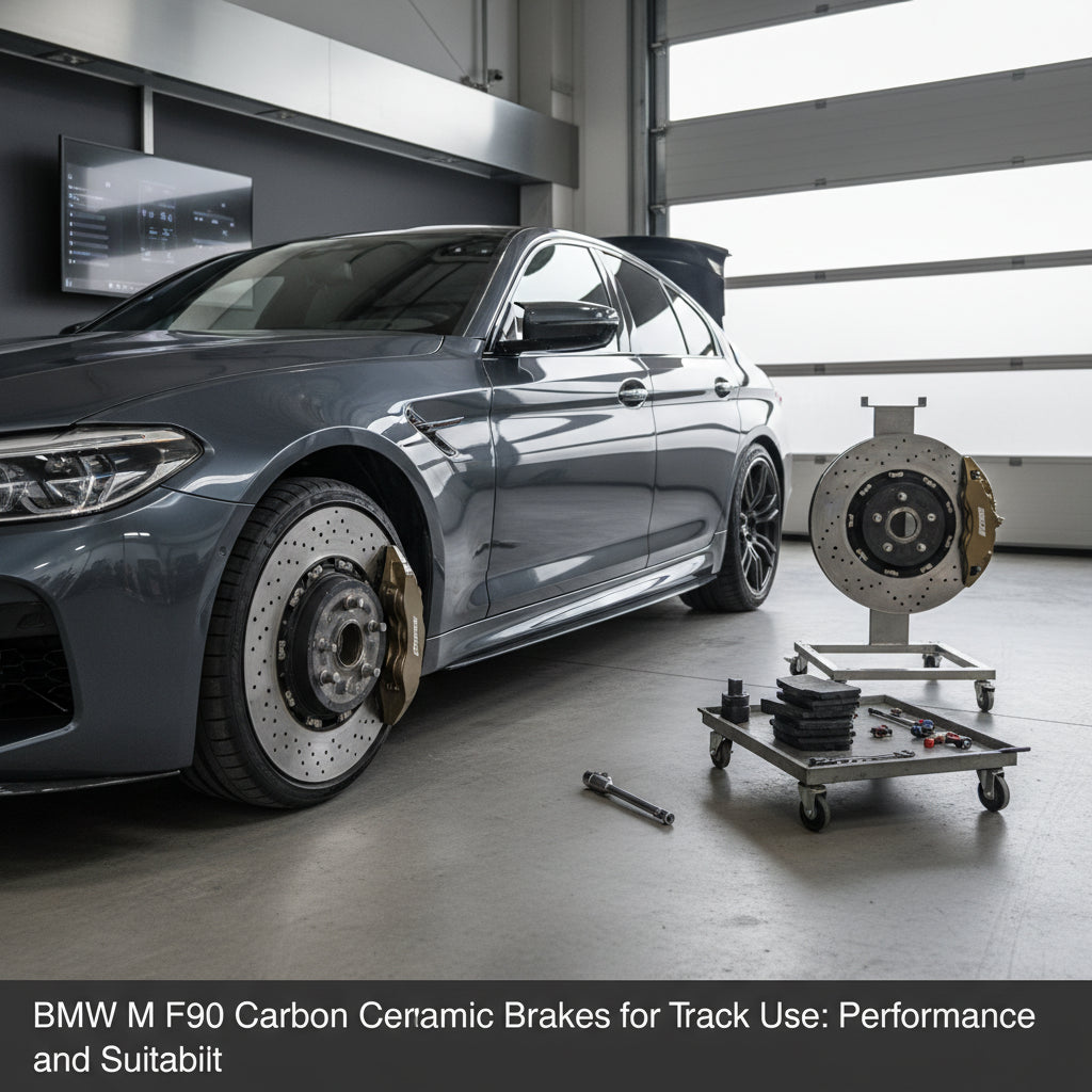 A BMW M5 F90 equipped with gold calipers signifying the factory carbon ceramic brake system during high-performance driving