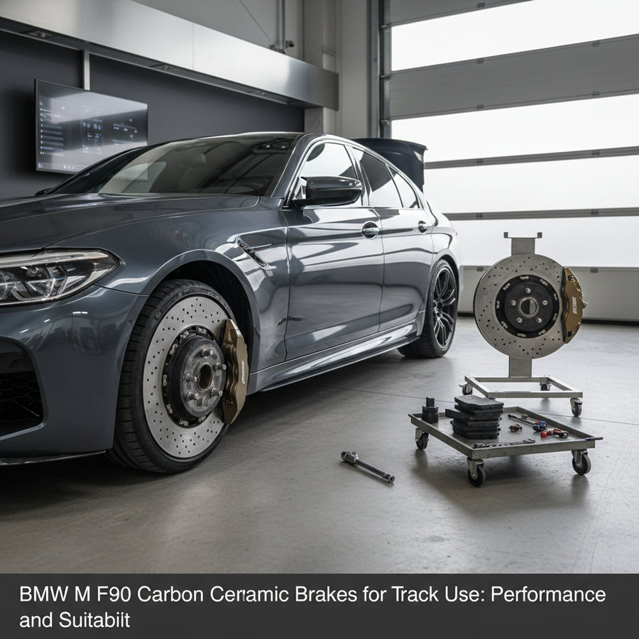 A BMW M5 F90 equipped with gold calipers signifying the factory carbon ceramic brake system during high-performance driving