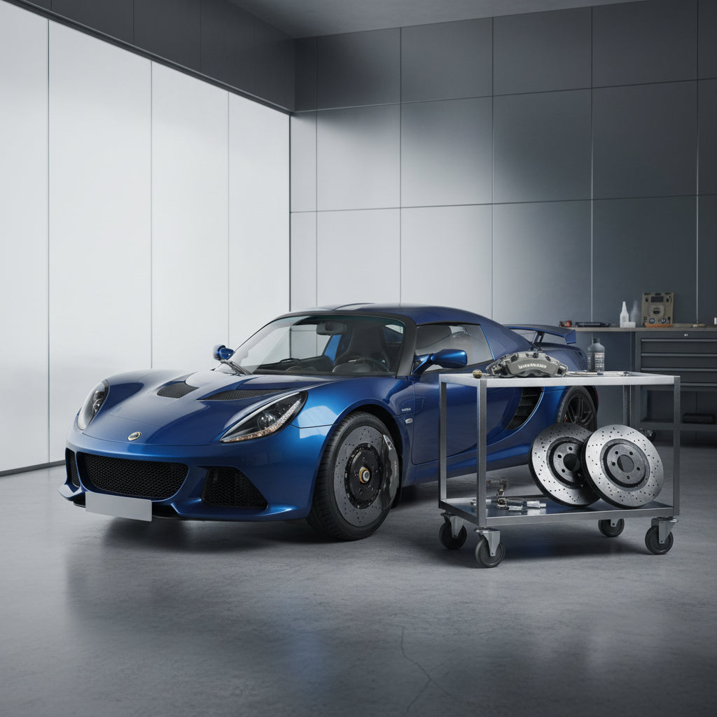 A lightweight carbon ceramic brake rotor and caliper assembly fitted to a Lotus Exige for high-performance track driving