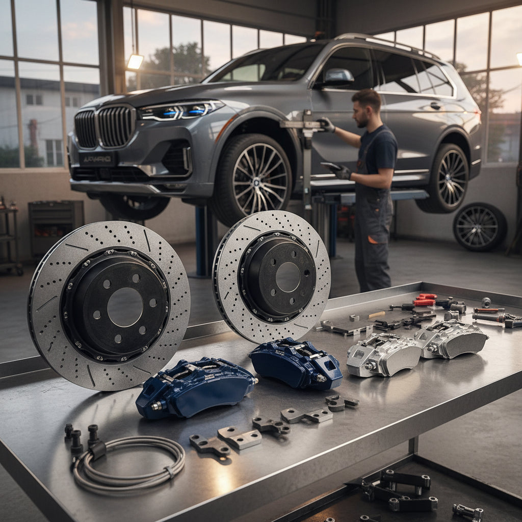 A high-performance BMW Big Brake Kit featuring large multi-piston calipers and ventilated rotors installed on a luxury perfor